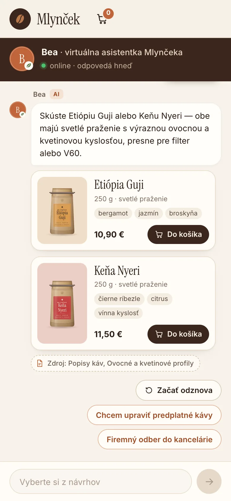 Mobil: chat na celú obrazovku, Bea odporúča kávy Etiópia Guji a Keňa Nyeri s chuťovými tónmi, cenou a tlačidlom Do košíka