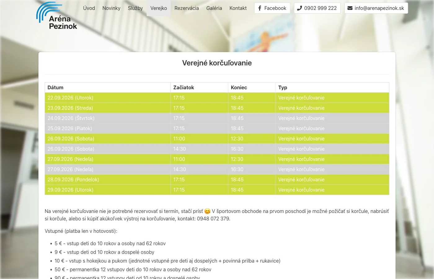 Rozpis verejného korčuľovania na webe