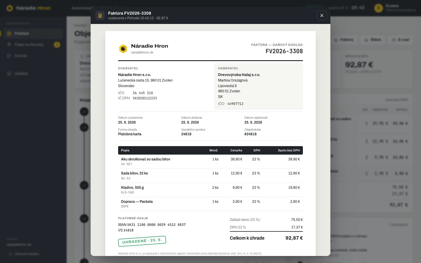 Náhľad faktúry FV2026-3308 z Pohody s položkami, DPH 23 %, sumou 92,87 € a pečiatkou Uhradené