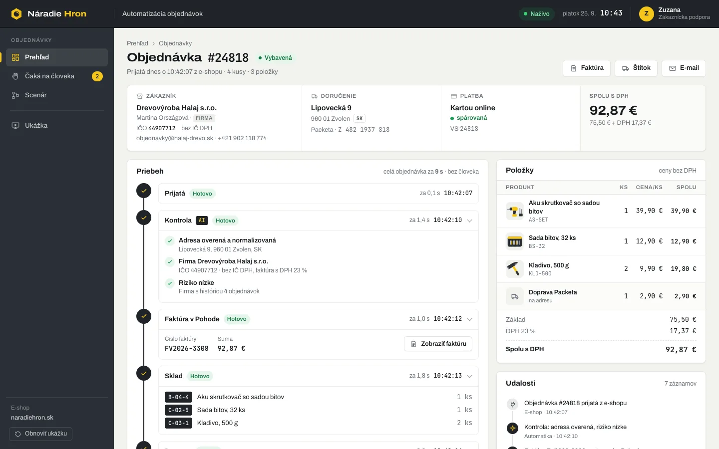 Detail objednávky #24818 firmy Drevovýroba Halaj s priebehom krokov, časmi, faktúrou FV2026-3308 a rezerváciou na regáloch