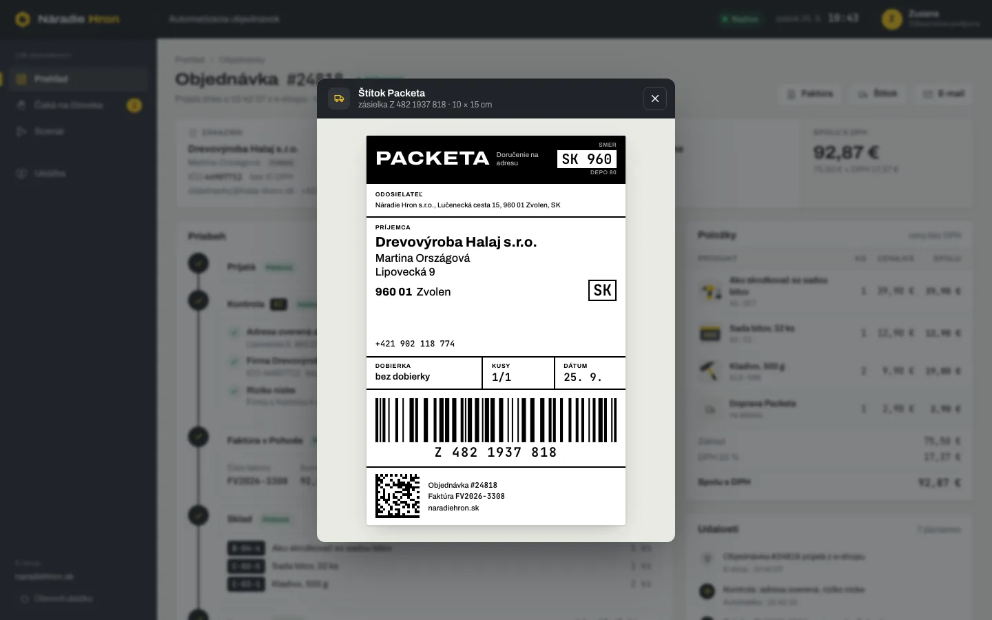 Náhľad štítka Packeta 10 × 15 cm pre objednávku #24818 s čiarovým kódom a QR kódom