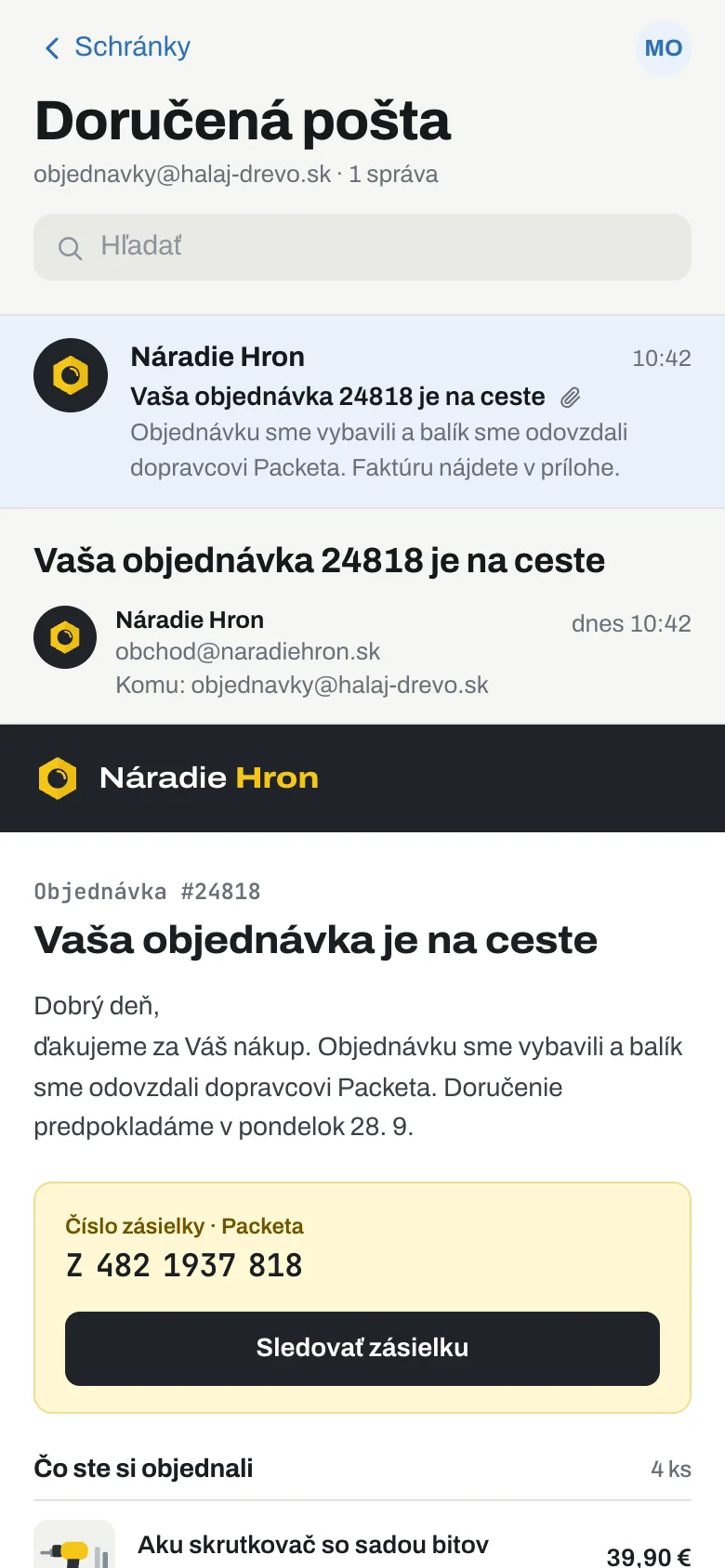 Mobil zákazníčky: e-mail Vaša objednávka 24818 je na ceste s faktúrou v prílohe, číslom zásielky Packeta a tlačidlom Sledovať zásielku