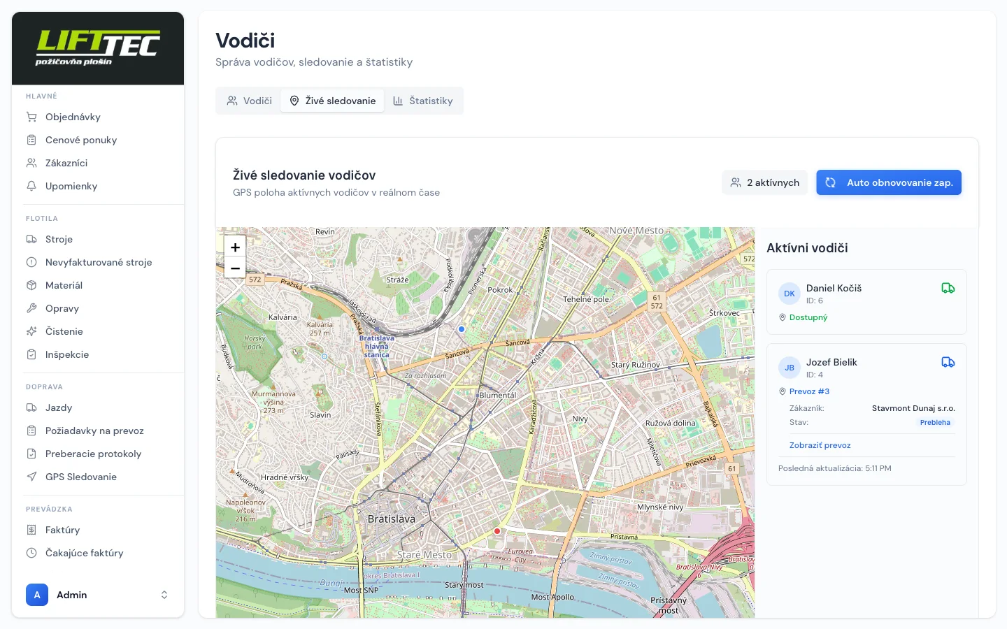 Živé sledovanie vodičov na mape