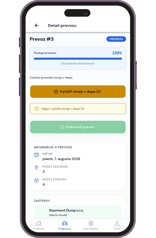 Mobilná aplikácia LIFTTEC: detail prevozu