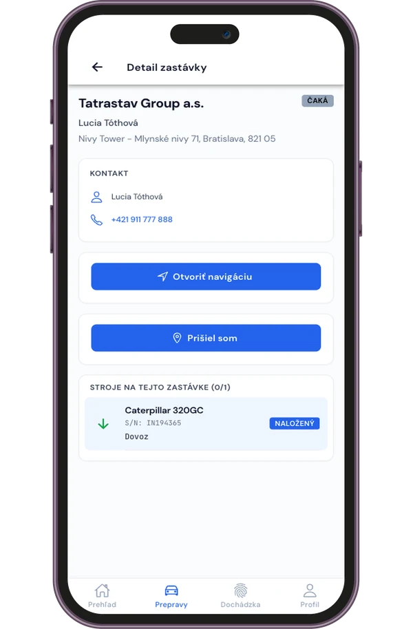 Detail zastávky v mobilnej aplikácii vodiča
