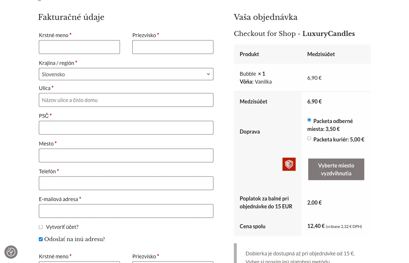 Pokladňa s Packetou, poplatkom za balné a upozornením na dobierku