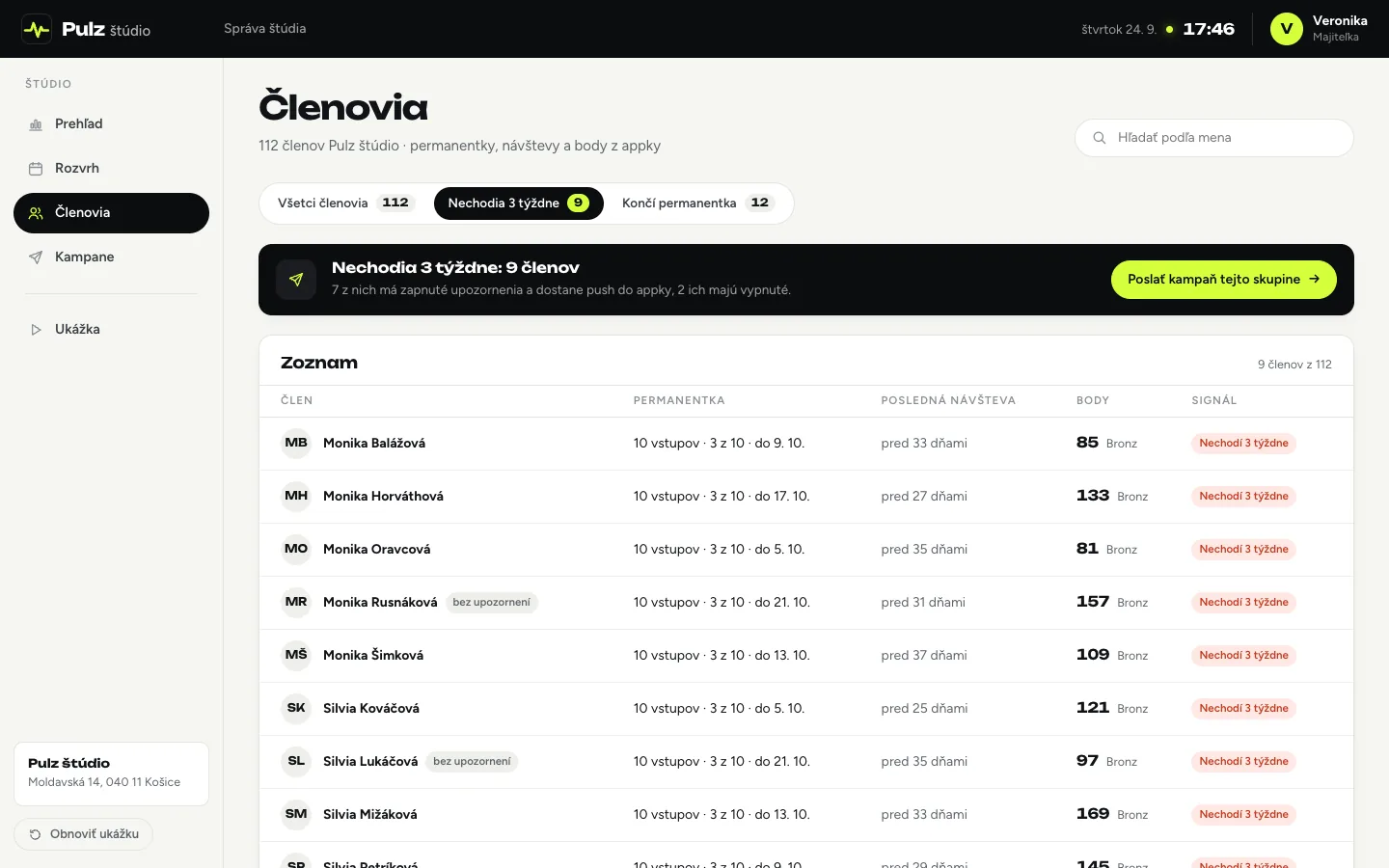 Členovia s filtrom Nechodia 3 týždne: 9 členov, 7 dostane push, s permanentkou, poslednou návštevou, bodmi a tlačidlom Poslať kampaň tejto skupine