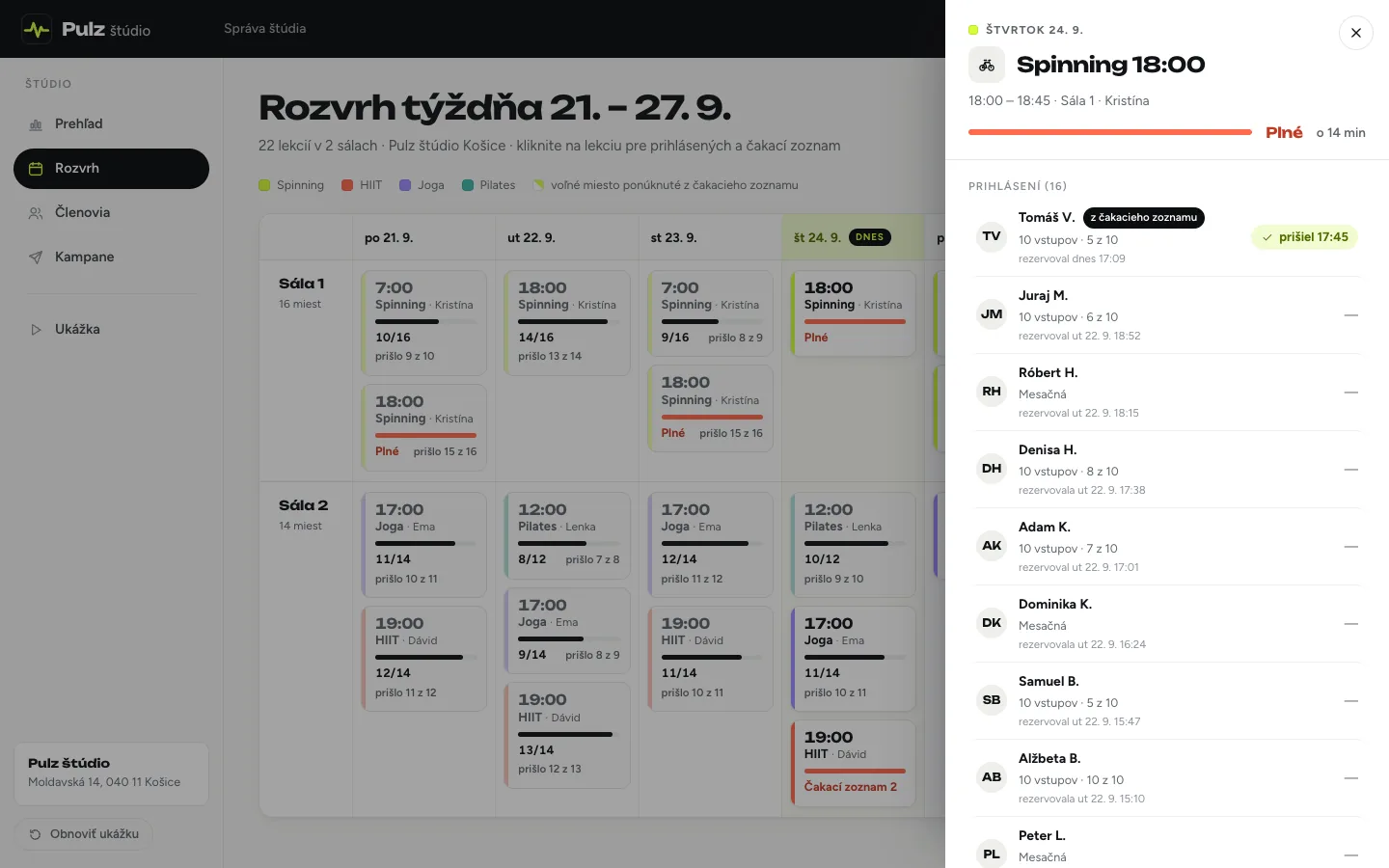 Rozvrh týždňa 21. až 27. 9. v dvoch sálach a otvorený panel plného spinningu 18:00 so 16 prihlásenými, medzi nimi Tomáš V. so štítkom z čakacieho zoznamu