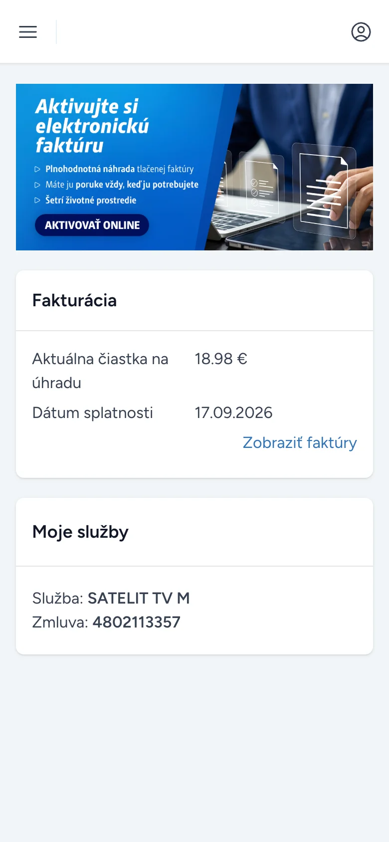 Prehľad účtu na mobile
