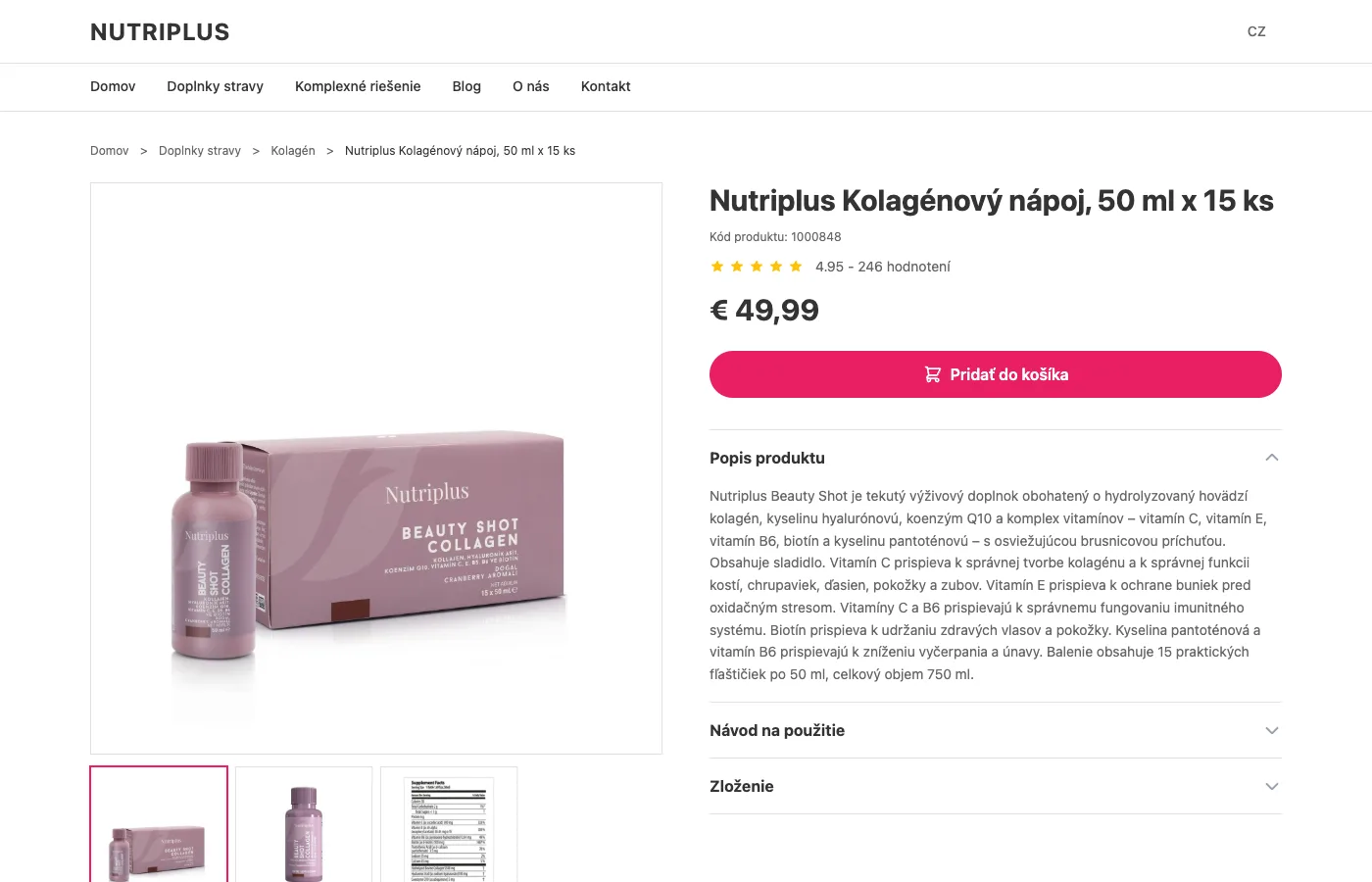 Detail produktu s popisom, návodom a zložením