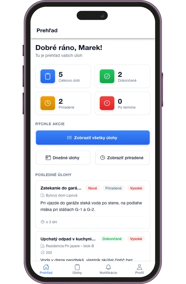 Mobilná aplikácia REZIDENCIE SERVIS: prehľad úloh pracovníka