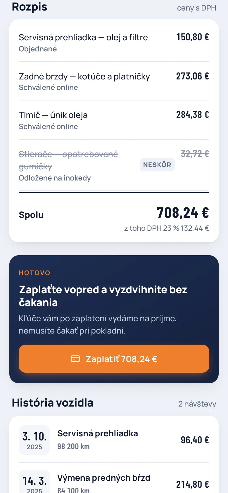 Mobil zákazníčky: rozpis opravy spolu 708,24 € s odloženými stieračmi a históriou vozidla