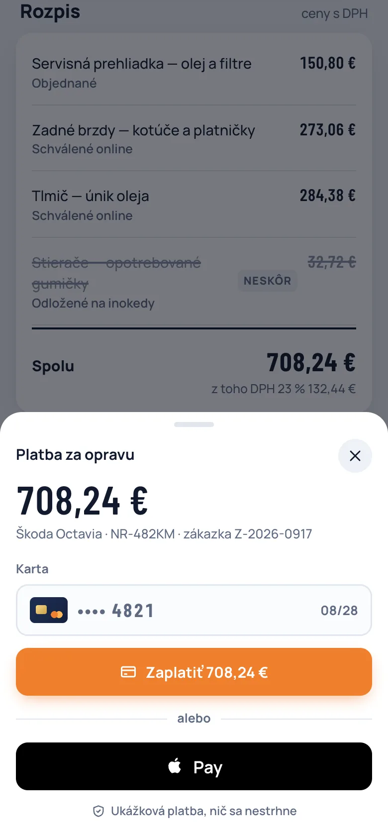 Mobil zákazníčky: platobné okno na 708,24 € s kartou a Apple Pay