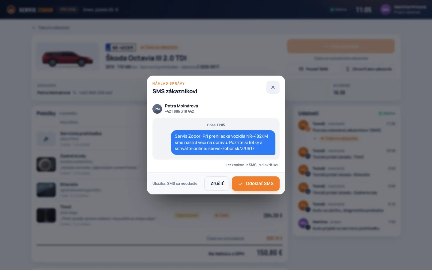 Náhľad SMS zákazníčke s odkazom na schválenie opravy online