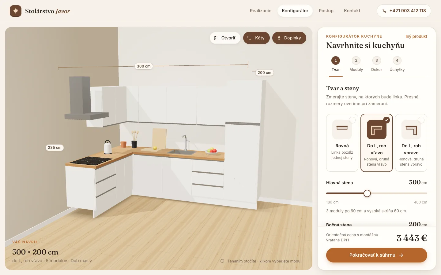 Kuchynská linka do L 300 × 200 cm v 3D s kótami, spotrebičmi a doplnkami na pracovnej doske, v paneli krok Tvar a steny, cena 3 443 €