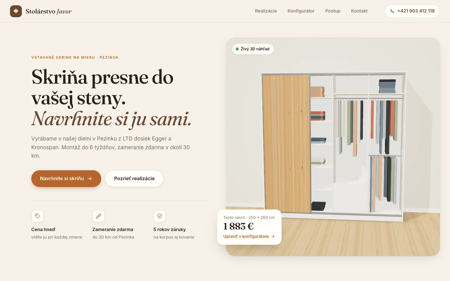 Úvod webu Stolárstva Javor s nadpisom Skriňa presne do vašej steny. Navrhnite si ju sami. a živým 3D náhľadom skrine s cenou návrhu